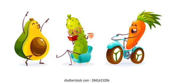 Caricatura divertida de frutas y verduras. Aguacate, pepino y zanahoria descansan en verano, bailan, montan en bicicleta, leen y beben café. Caracteres de alimentos recortados aislados en la ilustración vectorial de fondo