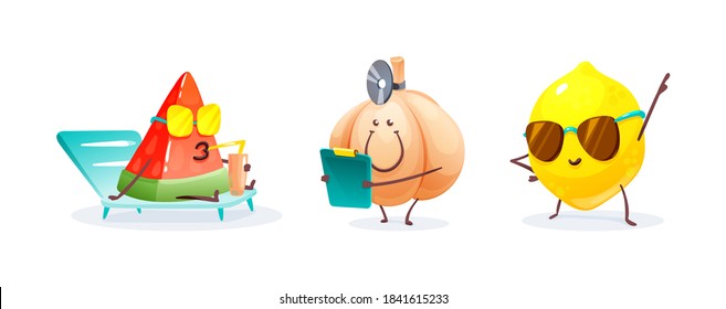 Funny fruits and vegetables cartoon character. Character watermelon resting on the beach and drinking cocktail, lemon dances, doctor pumpkin treats fruits and vegetables. Cute food characters vector