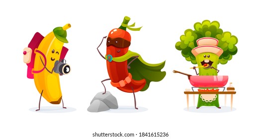 Funny fruits and vegetables cartoon character. Tourist banana with camera and backpack, broccoli chef preparing food, superhero pepper in mask and cloak. Cute food characters isolated vector