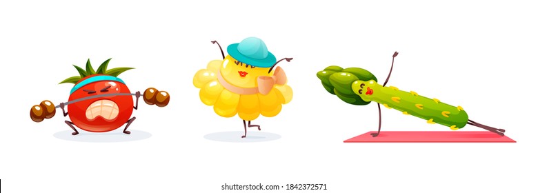 Funny fruits and vegetables cartoon character. Vegetables dancing, doing sports, doing exercise. Cute food characters isolated on background vector illustration