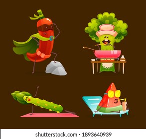 Funny fruits and vegetables cartoon character. Vegetables and fruits go in for sports, watermelon resting on the beach, broccoli chef preparing food, superhero pepper. Cute food characters vector