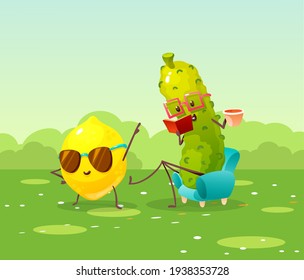 Funny fruits and vegetables cartoon character. Cucumber and lemon are resting in meadow, reading, doing exercises. Cute food characters vector illustration