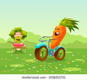 Funny fruits and vegetables cartoon character. Carrot rides in bike by meadow. Cute food characters vector illustration
