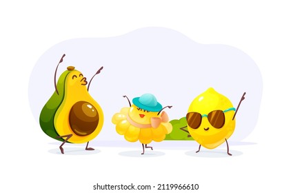 Funny fruits and vegetables cartoon character. Avocado, eggplant and lemon dancing together in meadow. Cute food characters vector illustration