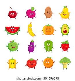 Funny fruits and vegetables characters cartoon set