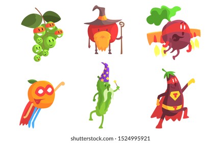 Funny Fruits and Vegetables Characters Wearing Wizard and Superhero Costume Set, Grape, Apple, Beetroot, Orange, Cucumber, Eggplant Vector Illustration