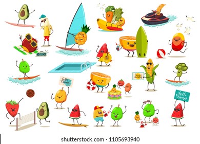 Funny fruits and vegetables are engaged in summer water and beach sports. Jet ski, banana boat, windsurfing, volleyball and surfing. Cute food cartoon character vector set isolated on background.