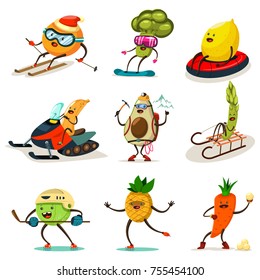 Funny fruits and vegetables are engaged in winter sports. Skiing, snowboarding, snowmobiling, hockey, skating on ice, climbing and other. Cute food cartoon character vector set isolated on background.