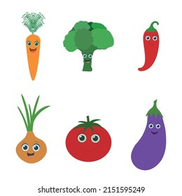 Funny fruits and vegetables with eyes in a flat style. Carrot. Broccoli. A tomato. Eggplant. Tsibulya. Pepper. Isolated illustration on white.	
