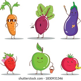 Funny fruits and vegetables for kids stickers, carrot, apple, beetroot, eggplant, strawberry, tomato, vector vegetables and fruits, healthy food for kids, vegetarian food, vegan, cool vegetables