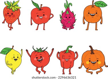 Funny fruits and vegetables set. Cute cartoon characters. Vector illustration.