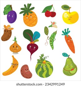 Funny fruits and vegetables set. Vector illustration in cartoon style.
