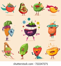 Funny Fruits And Vegetables In Superhero Costume. Cute Food Vector Cartoon Flat Character Set Isolated On A White Background.