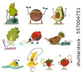 Funny fruits and vegetables take exercise. Eating healthy and fitness. Cute food cartoon character vector set.