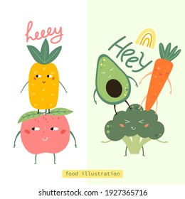 Funny Fruits and vegetables.   Vector elements for creating invitations, posters, greeting cards and print t-shirt. Vector illustration.