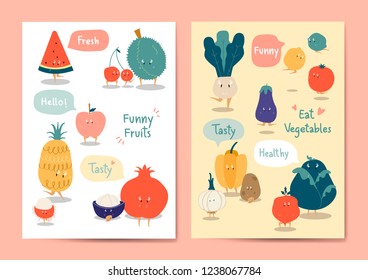 Funny fruits and vegetables vector set