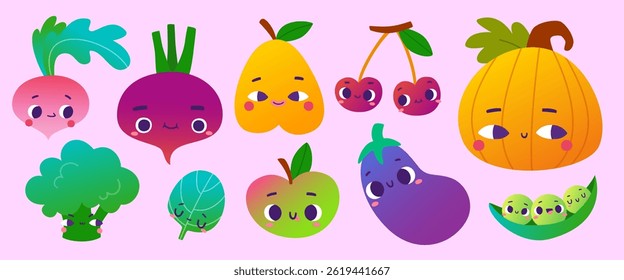 Funny fruits and vegetables vector set. Cute green food with faces collection. 