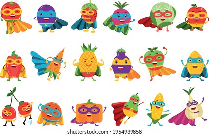 Funny Fruits and Vegetables Wearing Superhero Cloak Vector Illustration Set