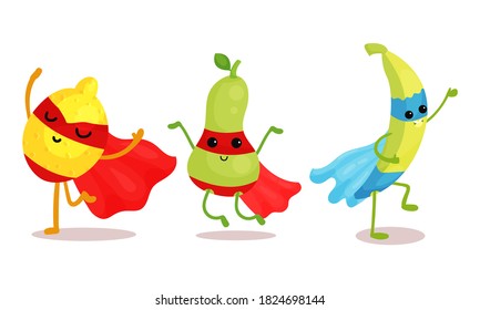 Funny Fruits Wearing Superhero Cloak Vector Illustration Set