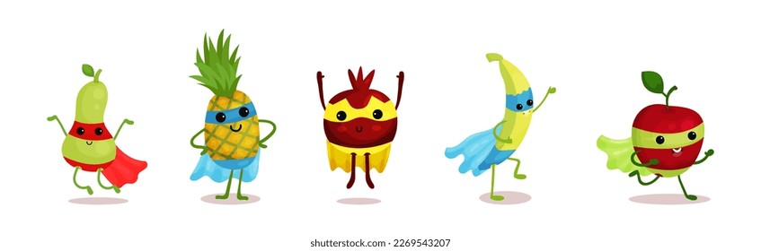 Funny Fruits Wearing Superhero Cloak Vector Set