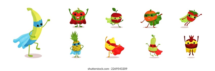 Funny Fruits Wearing Superhero Cloak Vector Set