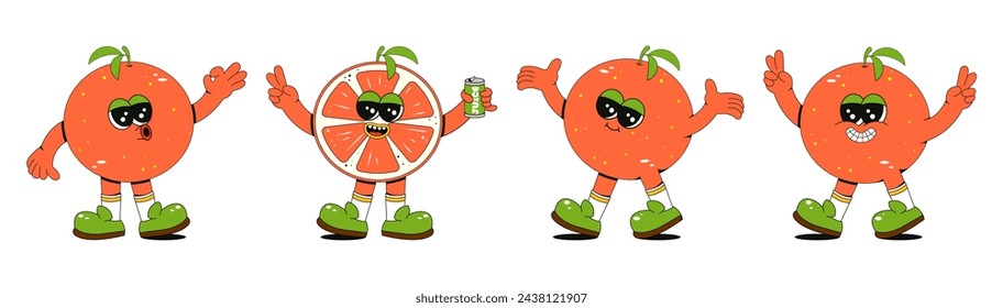 Funny fruity grapefruit character. Comic elements in a trendy retro groovy style. Vector illustration for stickers, posters, prints.