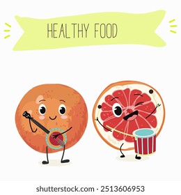 Personagens engraçados e frutados de toranja. Elementos cômicos, estilo desenhado à mão. Ilustração vetorial para adesivos, cartazes, impressões. Frutas engraçadas.