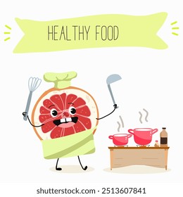 Divertidos personajes frutales de pomelo. Elementos cómicos, estilo dibujado a mano. Ilustración vectorial para pegatinas, carteles, impresiones. Frutas divertidas.