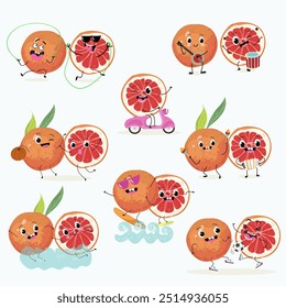 Divertidos personajes frutales de pomelo. Elementos cómicos, estilo dibujado a mano. Ilustración vectorial para pegatinas, carteles, impresiones. Frutas divertidas.