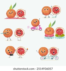 Funny fruity grapefruit characters. Comic elements, hand drawn style. Vector illustration for stickers, posters, prints. Funny fruits.