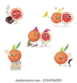 Funny fruity grapefruit characters. Comic elements, hand drawn style. Vector illustration for stickers, posters, prints. Funny fruits.