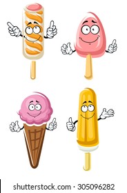 Funny fruity ice cream on sticks, berry ice cream scoop in waffle cone and orange popsicle cartoon characters, for dessert or snack design