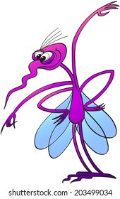 Funny fuchsia mosquito with bulging eyes, pointy proboscis, four arms and four wings while standing on two legs, staring at something and pointing downward with its finger as for preparing to attack