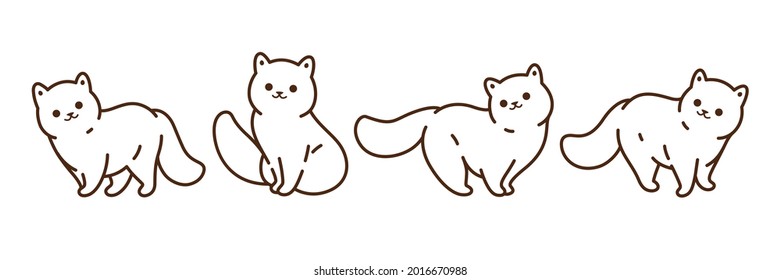 Funny full cat in different poses in cartoon style. White fluffy cat. Cartoon vector illustration.