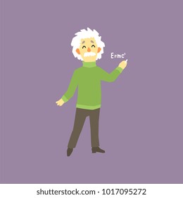 Funny Full-length Portrait Of Albert Einstein. Famous Male Theoretical Physicists In The World. E Mc2. Cartoon Man With Gray Hair And Mustache. Flat Vector Design