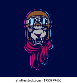 Funny funky aviator pilot lion Line. Pop Art logo. Colorful design with dark background. Abstract vector illustration. Isolated black background for t-shirt, poster, clothing, merch, apparel design