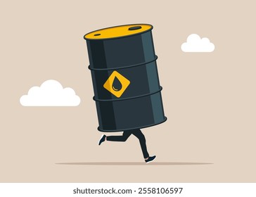 Funny funky guy barrel oil instead of body. World economy forecast, commodity prices for trade and investment. Flat vector illustration.