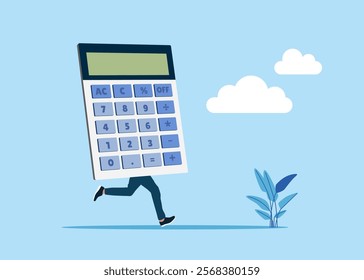 Funny funky guy calculator instead of body. Think about numbers. Loan calculation, budget allocation, expense and debt pay off or payment. Flat vector illustration.