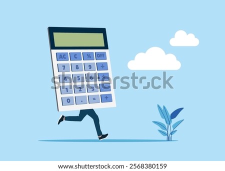 Funny funky guy calculator instead of body. Think about numbers. Loan calculation, budget allocation, expense and debt pay off or payment. Flat vector illustration.