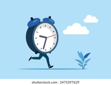 Funny funky guy clock instead of body. 24-7 support service,  working hours.  Flat vector illustration.