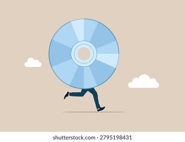 Funny funky guy compact Disk or cute CD RW instead of body. DVD is an old medium to store information on computers.  Flat vector illustration.