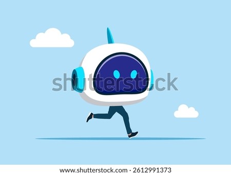Funny funky head robot instead of body. Think big, aspiration to win and success in technology. AI assistant support. Modern flat vector illustration