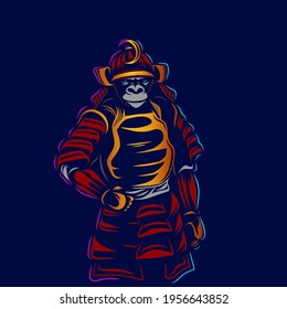 Funny funky japan samurai monkey Line. Pop Art logo. Colorful design with dark background. Abstract vector illustration. Isolated black background for t-shirt, poster, clothing, merch, apparel