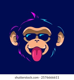 Funny funky monkey graphic art . Pop Art logo. Colorful design with soft background. Abstract vector illustration. Isolated black background for t-shirt, poster, clothing, merch, apparel, badge design