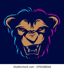 Funny funky monkey Line. Pop Art logo. Colorful design with dark background. Abstract vector illustration. Isolated black background for t-shirt, poster, clothing, merch, apparel, badge design
