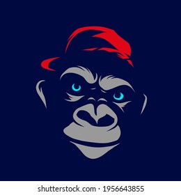 Funny funky monkey Line Pop Art logo. Colorful design with dark background. Abstract vector illustration. Isolated black background for t-shirt, poster, clothing, merch, apparel, badge design