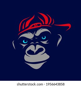 Funny funky monkey Line Pop Art logo. Colorful design with dark background. Abstract vector illustration. Isolated black background for t-shirt, poster, clothing, merch, apparel, badge design