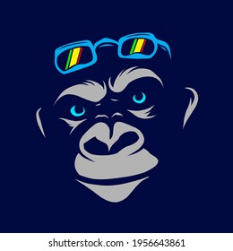 Funny funky monkey Line Pop Art logo. Colorful design with dark background. Abstract vector illustration. Isolated black background for t-shirt, poster, clothing, merch, apparel, badge design