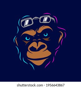 Funny funky monkey Line Pop Art logo. Colorful design with dark background. Abstract vector illustration. Isolated black background for t-shirt, poster, clothing, merch, apparel, badge design