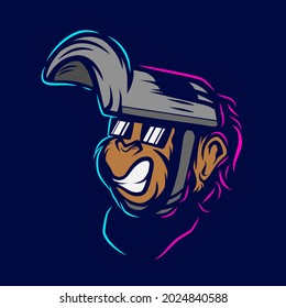 Funny funky monkey Line. Pop Art logo. Colorful welder ape welding design with dark background. Abstract vector illustration. Isolated black background for t-shirt, poster, clothing, merch, apparel.